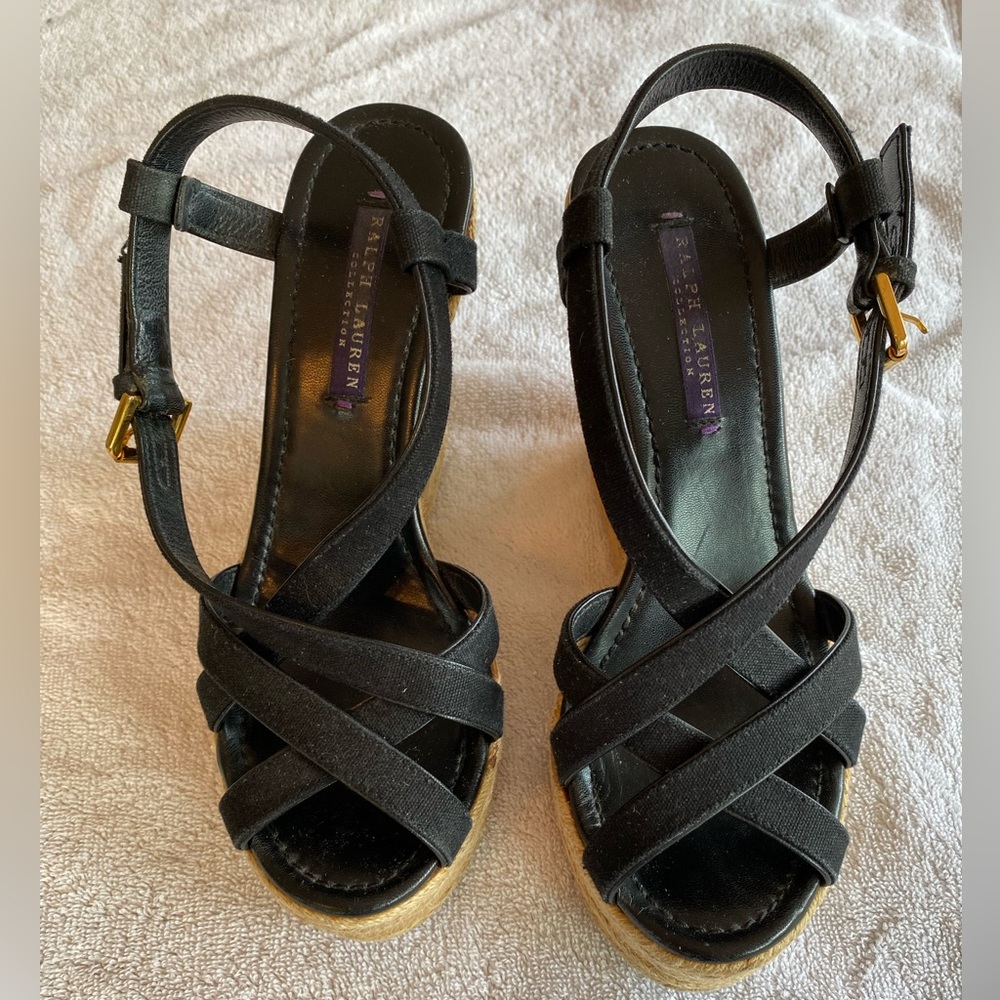 Ralph Lauren Collection black, strappy espadrille platform sandals.